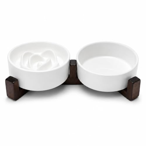 2-in-1 Ceramic Elevated Slow Feeder Dog Bowls with Acacia Wood Stand - size: Small