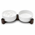 2-in-1 Ceramic Elevated Slow Feeder Dog Bowls with Acacia Wood Stand - size: Small