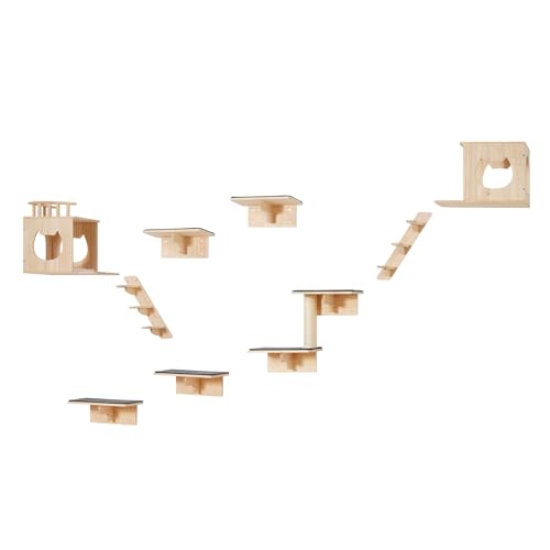 VEVOR Wall Mounted Cat Shelves, Cat Wall Shelves and Perches with Jumping Boards, Cat Beds, Hammocks & Cat Tree, Cat Furniture and Shelves up to 40 lbs for Sleeping, Playing, Climbing, Set of 9 - size: Set of 9, style: Free