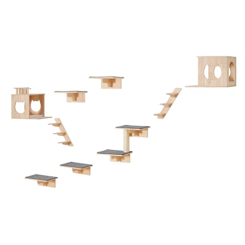 VEVOR Wall Mounted Cat Shelves, Cat Wall Shelves and Perches with Jumping Boards, Cat Beds, Hammocks & Cat Tree, Cat Furniture and Shelves up to 40 lbs for Sleeping, Playing, Climbing, Set of 9 - size: Set of 9, style: Free