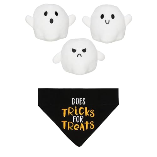 Bundle of Pearhead Plush Squeaky Ghost Dog Toys, Set of 3 + Trick or Treat Bandana - S/M - color: Halloween Dog Toys and Bandana, size: One Size