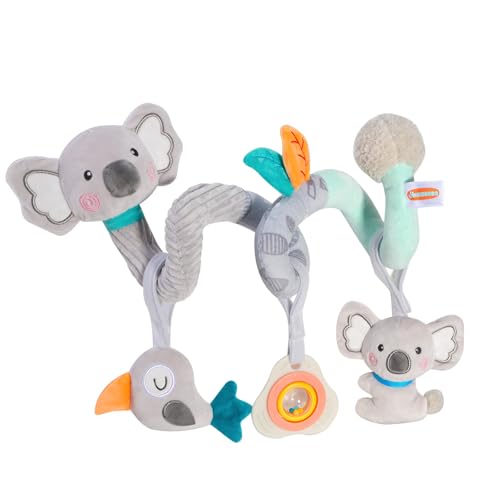 Baby Spiral Car Seat Toy, Stroller Hanging Sensory Toy for Newborn 0-12 Months, Soft Plush with Rattle Crinkle Teether, Koala Bird Activity Toy for Infant Boys Girls