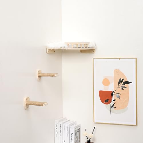 Cat Wall Shelves - 3 Steps Scratch Post & Hammock Bed with Plush Cover, Climbing Shelf for Indoor Cats (Wood)