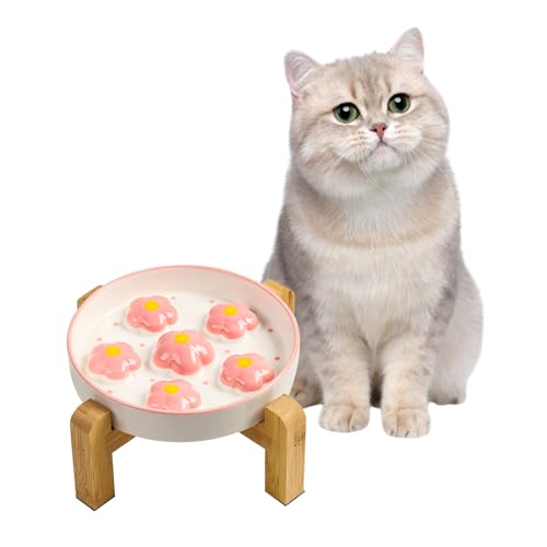 Elevated Ceramic Slow Feeder Cat Bowl with Anti-Slip Bamboo Stand - color: Pink + Stand