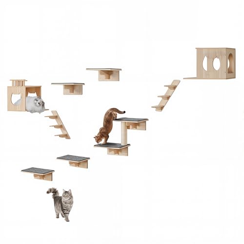 VEVOR Wall Mounted Cat Shelves, Cat Wall Shelves and Perches with Jumping Boards, Cat Beds, Hammocks & Cat Tree, Cat Furniture and Shelves up to 40 lbs for Sleeping, Playing, Climbing, Set of 9 - size: Set of 9, style: Free