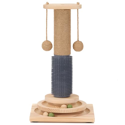 4-in-1 Solid Wood Cat Scratching Post with Self-Groomer, Large Size - size: Large