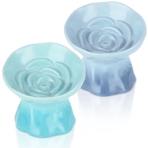 2 Pcs Slow Feeder Cat Bowl, Ceramic Flower Pet Dish, 5.71 Inch Gradient Blue and Teal Cat Slow Feeder Bowl for Dry Meals, Wet Meals and Everyday Feeding - color: Light Blue and Teal