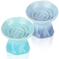 2 Pcs Slow Feeder Cat Bowl, Ceramic Flower Pet Dish, 5.71 Inch Gradient Blue and Teal Cat Slow Feeder Bowl for Dry Meals, Wet Meals and Everyday Feeding - color: Light Blue and Teal