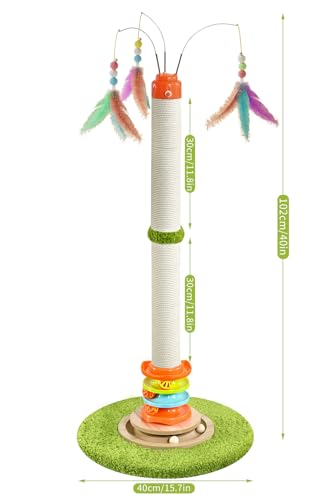 YARUOMY Tall Cat Scratching Post，40'' Cat Scratcher Tree Cat Toys for Indoor Cats with Cat Toys 4-Tier Roller Track，Automatically Rotating cat Teaser Wand，Hanging Balls for Kittens Adults Cats