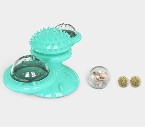 Pet Life ® 'Windmill Fidget' Glass or Surface Suction Cup Grip Spinning and Feeding Interactive Cat Toy with Ball and Catnip - color: Blue