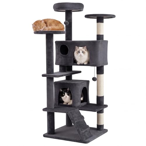 PETSITE 52-inch Cat Tree, Multi-Level Cat Tower with Sisal Scratching Posts, 2 Comfy Condos, Plush Padded Soft Top Perch, Dangling Balls, and Climbing Ladder, Ideal for Indoor Cats (Dark Grey) - color: Dark Grey