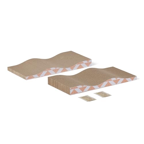 Amazon Basics Cat Scratching Post, Reversible Double-Sided Corrugated Cardboard with Catnip, Curved Wave Design, 16.5 x 8.1 x 1.6 in, 2-Pack