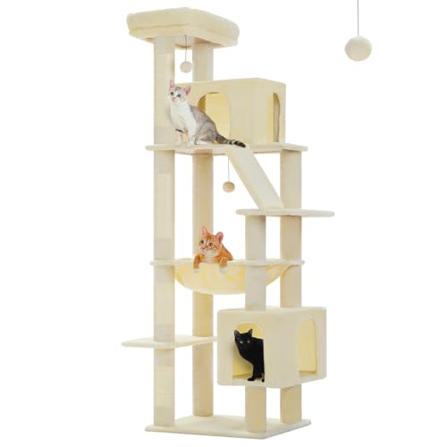 71" Cat Tree for Indoor Cats,Multi-Level Cat Tower with Large Hammock - color: Beige, size: 71 Inches
