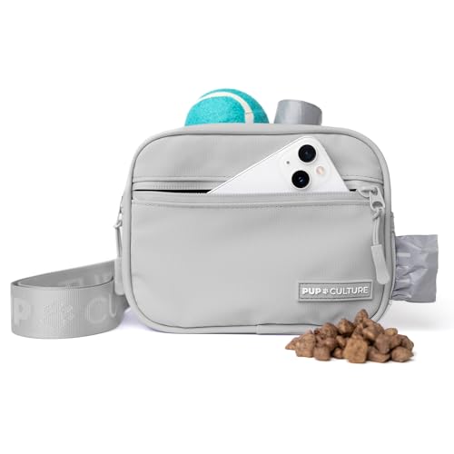 Pup Culture Dog Treat Pouch with Poop Bag Dispenser and Removable Treat Pouch | Cross Body Dog Walking Bag | The Perfect Puppy Training Tool and Even Better Gift - color: Grey