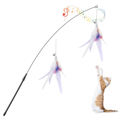Pawaboo Cat Feather Wand Interactive Toy, 2 Feathers + 1 Wand with Bell - color: Purple