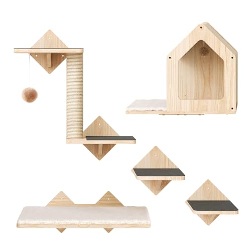 HOOBRO Wood Cat Wall Shelves, Set of 5 Cat Wall Mounted Furniture, Climbing Shelves with House, Steps, Scratching Post, Perch, Sturdy and Anti-Slip, Natural NL43CS03G1
