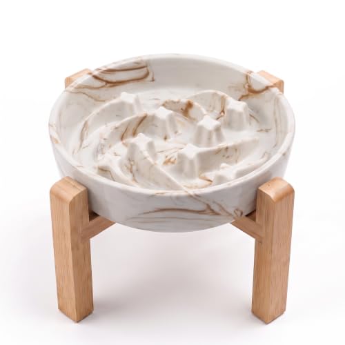 Elevated Ceramic Slow Feeder Dog Bowls Anti-Choking Slow Feeding for Medium& Large Anti-Slip Non-Lead & Toxic Durable Easy to Clean Maze Slow Feeder Bowl（8.66in Marble Brown Stars Pattern） - color: Marble Brown Stars Pattern, size: 3.6Cup