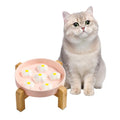 Elevated Ceramic Slow Feeder Cat Bowl with Anti-Slip Bamboo Stand - color: White + Stand