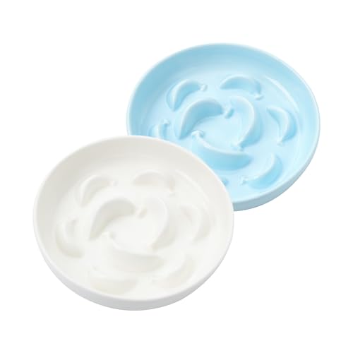 2 Pcs Ceramic Cat Slow Feeder Bowl Set, 6.3" Wide, Slow Eating 5X - color: White and Blue