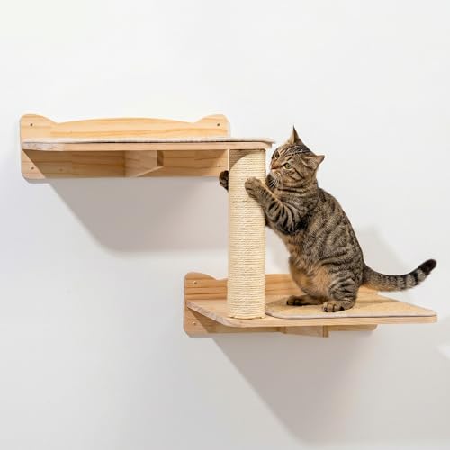 Cat Wall Shelves, 2-Tier Cat Shelves with Sisal Scratching Post, Sisal Mat Solid Pine Wood Wall Mounted Cat Climbing Furniture, Modular Design - size: 2-Tier