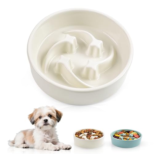 Ceramic Slow Feeder Dog Bowls, 0.6 Cups Dog Food Dish for Small Breed - color: Beige-M