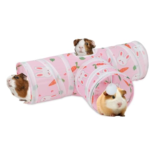 Rypet Guinea Pig Tunnel Hideout 3-Way Collapsible Pet Tubes, Carrot Pink - color: Pink