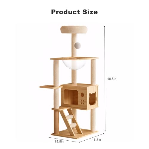 Wood Cat Tree Tower with Clear Bubble Window, Multi-Level Cat Condo with Scratching Posts, Ladder Top Perch Bed & Hanging Ball Toy, Indoor Activity Cat Furniture for Kittens Large Cats - color: （1）Natural+White + MDF