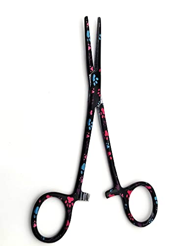 Dog Pet Ear/Nose Hair Puller Grooming Hemostat Locking Forceps Pliers, 5.5" (14cm), Straight (Black Multi Paws) - color: Black Multi Paws