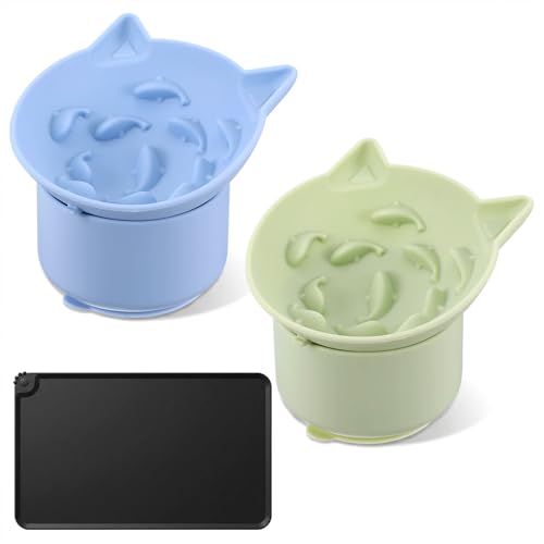 Silicone Cat Slow Feeder Mat & Bowl Set, 2 Non-Slip Slow Feed Bowls + 1 Large Licking Mat for Cats and Small Dogs, Interactive Pet Feeding Solution for Mealtime Enrichment and Digestion Aid