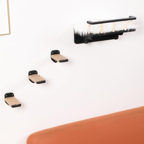 Cat Wall Shelf With 3 Steps And Plush Cover For Indoor Cats - Black - color: Black