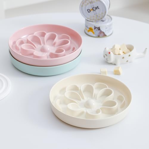 Melamine Slow Feeder Cat Bowl - Cute Blossom Maze Cat Dish - Fun Interactive Plate for Dry & Wet Food - Whisker Friendly - Dishwasher Safe - 6.3''W x 1.1''H - color: White