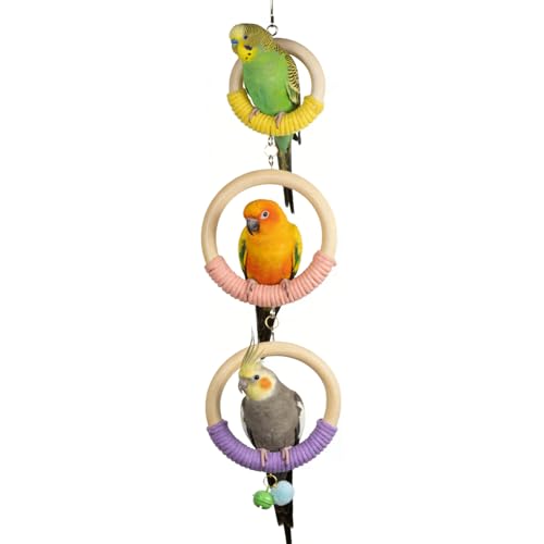 3-Ring Bird Wooden Swing with Bell Climbing Toy Chewable Cotton Rope Perch