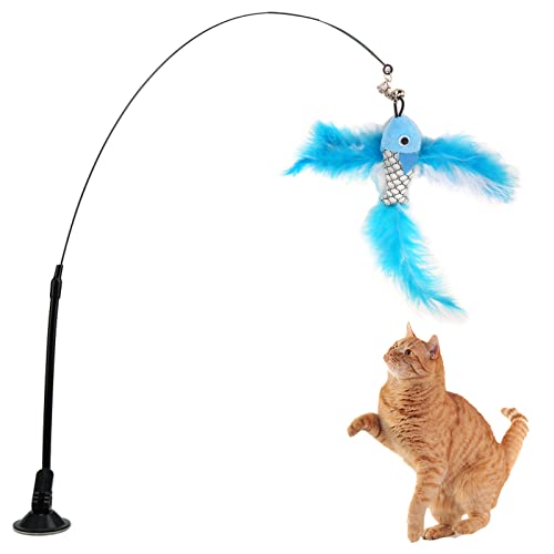 VINGVO Suction Cup Cat Toys for Indoor Cats, Cat Toy Handheld Teaser Wand Toy Interactive Cat Toy Hanging Door Kitten Toys for Kitty Kitten Scratching Exercise Indoor (Blue