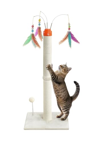YARUOMY Cat Scratching Post ，33.4" Sisal Rope Cat Scratcher Tall Scratching Post for Indoor Cats with Interactive Cat Toys Automatic Teaser Wand and Rotating Hanging Balls - size: 33.4"H
