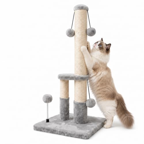 Dimaka Tall Cat Scratching Post, Double Lower Posts Extra Stable Cat Post Tree Scratcher with Sisal Rope and Teasing 4 Balls Total Large Base (Grey) - color: Grey