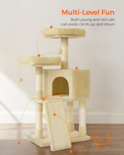 Feandrea Cat Tree, 45.3-Inch Cute Cat Tower, Plush Climbing Condo, Beige - color: Beige