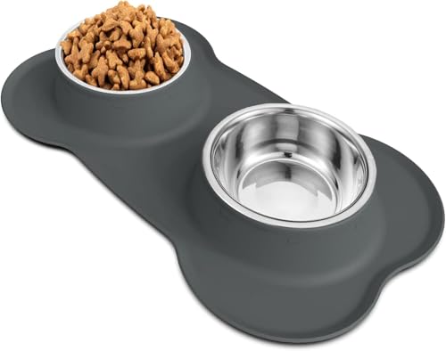 AsFrost Dog Food Bowls Stainless Steel Dog Food & Water Bowl Set with No Spill Non-Skid Silicone Mat, Dog Dishes Pet Feeding Bowls for Small Medium Large Sized Dogs Cat Puppy Food Bowl, Grey, 4 Cup - color: Grey, size: 4¾ Cup/38 oz each