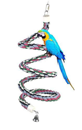 65 inch Length Colorful Cotton Bendable Rope Perch Swing Bird Chew Toys Amazon Parrots Cage Toys with Bell Swing Climbing Standing Bungee Bird Toys for Large to Regular Birds - size: 65'x1pc