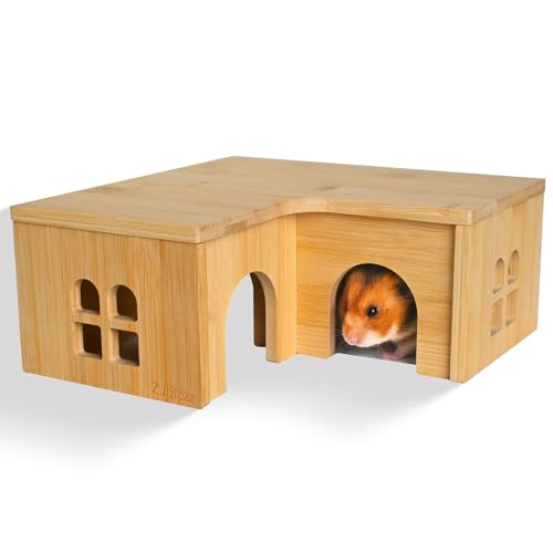 0.3" Thick Bamboo Hamster Maze, Pre-Assembled L-Shape Wooden Hideout, Safe One-Piece Fixed Construction, Large Nesting Habitat for Syrian Hamster, Gerbil, 11.6 x 11.6 x 5.1 in, Large
