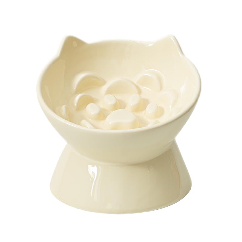 Macarons Series Ceramic Slow Feeder Cat Bowl, Raised Puzzle Feeder, Anti Vomiting Cat Slow Feeding, Elevated Food Bowl, Whisker Friendly Pet Bowl with Cute Ear Design (Yellow) - color: Yellow