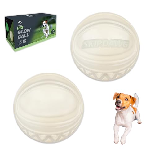 SKIPDAWG Interactive Dog Glow Balls, Rubber Balls Light Up in the Dark, Dog Toys Squeaky Ball Durable TPR Light Weight, Bouncy Glowing Ball Size 2.5 Inches, 2 Pack