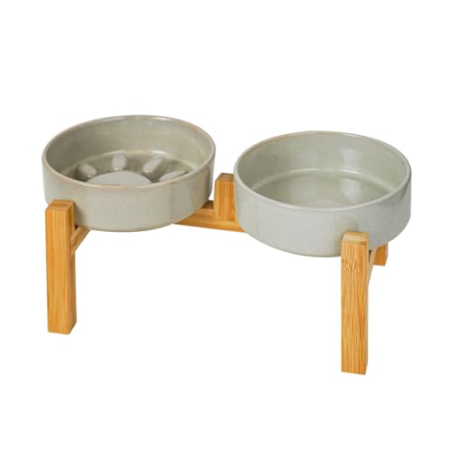 Elevated Ceramic Dog Bowls Set, Slow Feeder with Stand