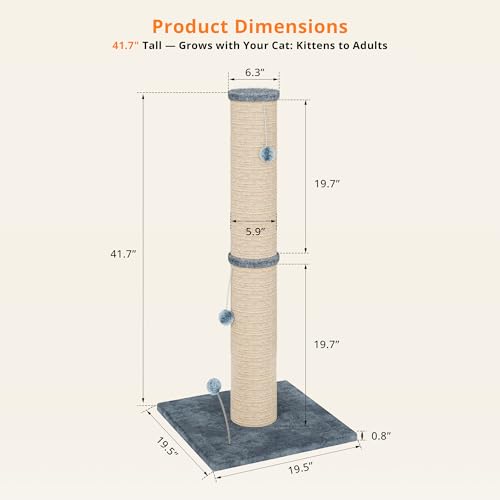 LIKIMIO 41.7" Cat Scratching Post for Large Cats with 6.2" Sisal Pole