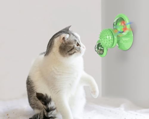 Pet Life ® 'Windmill Fidget' Glass or Surface Suction Cup Grip Spinning and Feeding Interactive Cat Toy with Ball and Catnip - color: Green