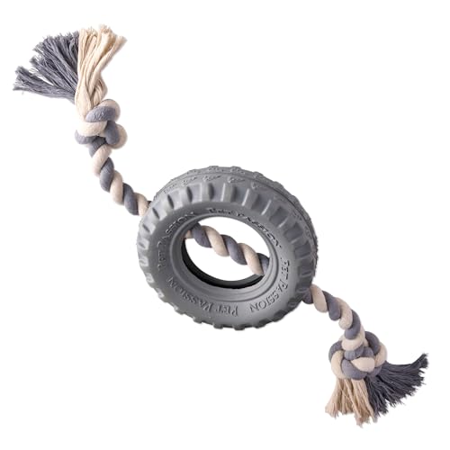 Pet Passion Natural Rubber Tire and Organic Cotton Rope Pull and Chew Dog Toy for All Pet Breeds, Gray, Large - color: Gray, size: Large