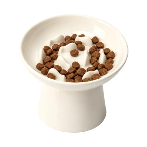 Ceramic Slow Feeder Cat Bowl, 6 Inch Elevated Cat Slow Feeder Bowl - color: White
