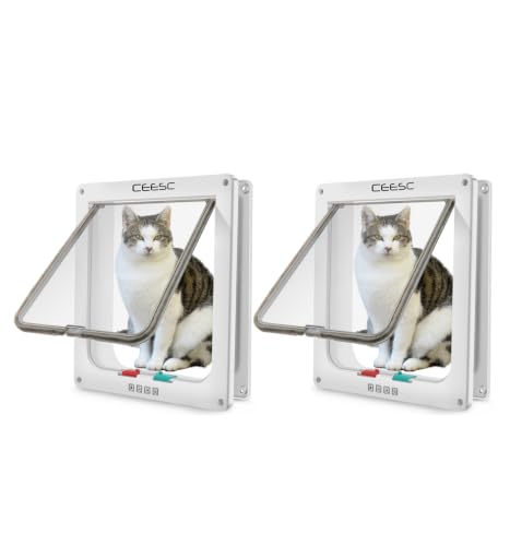 CEESC Extra Large Cat Door (Outer Size 11"x9.8"), Weatherproof, White, ABS Material, 4-Way Locking Flap for Cats & Dogs up to 25.54 lbs (Pack of 2) - color: White, size: XL- Inner size: 7.9"(W) x 8.7"(H) (Pack of 2)