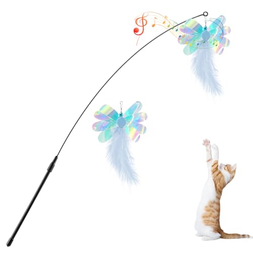Pawaboo Cat Feather Wand Interactive Toy, 2 Feathers + 1 Wand with Bell - color: Blue Butterfly