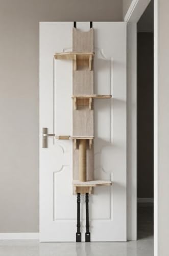 Over the Door Cat Tree Climber | Hanging Cat Wall Shelf with Felt Perches & Sisal Scratching Post | No Drill Cat Climbing Shelves & Window Perch for Cats Inside