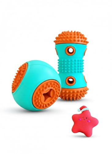 Dog Chew Toys 3 Pack, Squeaky Toy, Treat Dispensing Slow Feeder for Large and Medium Dog, Multifunctional Teeth Cleaning and Gum Massage (Dumbbell-Ball-Star) - color: Dumbbell-Ball-Star